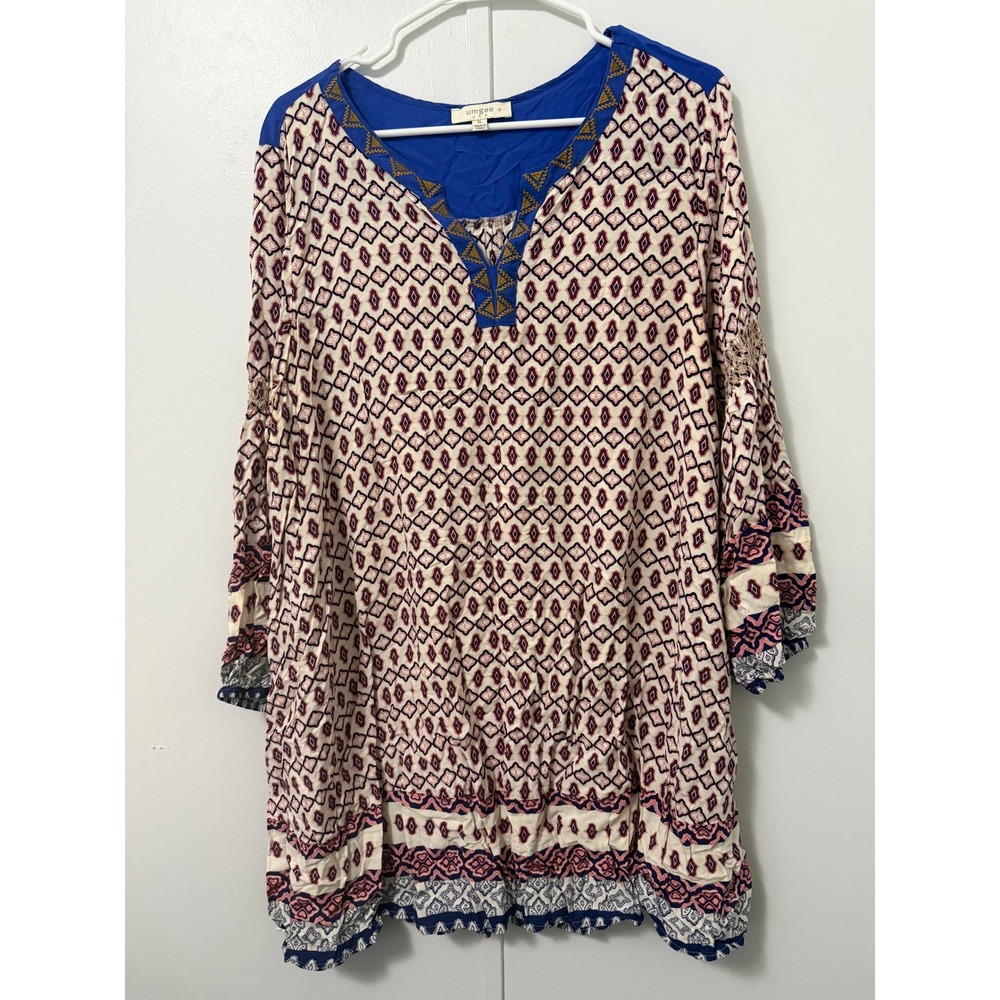 Umgee Womens XL Dress Blue Embroidered Boho Hippie Bell Sleeve Festival Summer